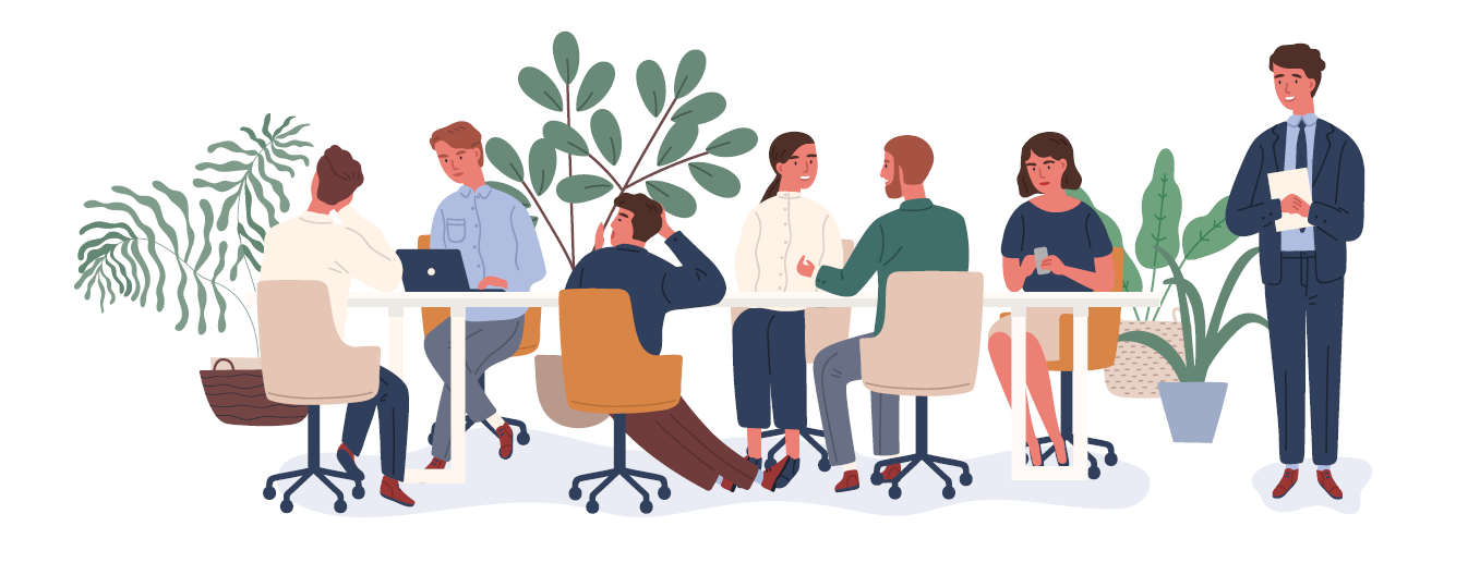 an illustration of people sitting together around a table.